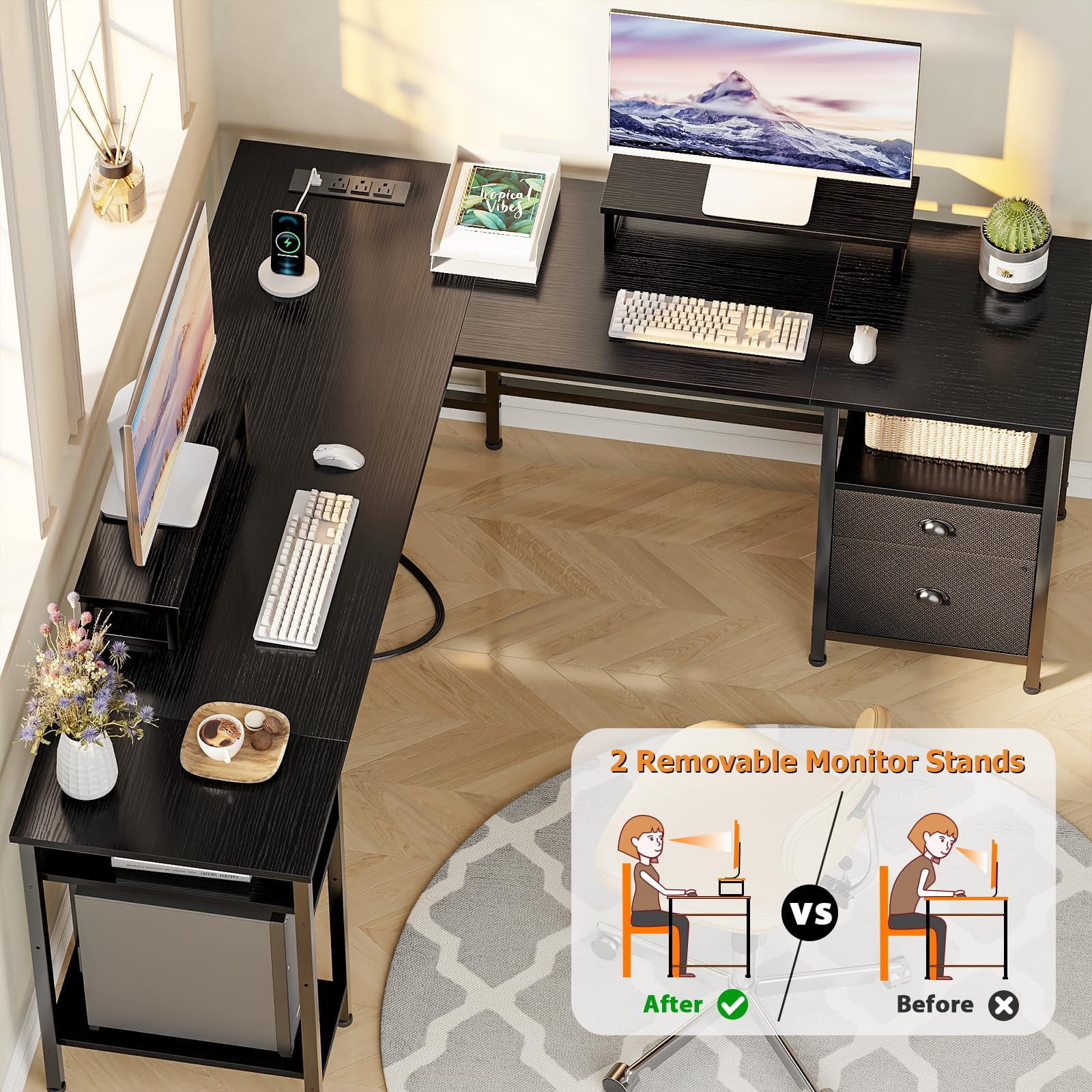 Furologee 66” L Shaped Desk with Power Outlet, Reversible Computer Gaming Desk with File Drawer & 2 Monitor Stands for Home Office with Storage Shelves, Black