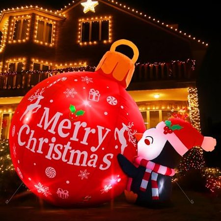 6.6 ft Giant Christmas Inflatable Penguin and Ball Outdoor Decoration LED Lighted Blow up Xmas Yard Decor Light up Penguin Ball Holiday Decor for Christmas Winter Garden Home Lawn Party