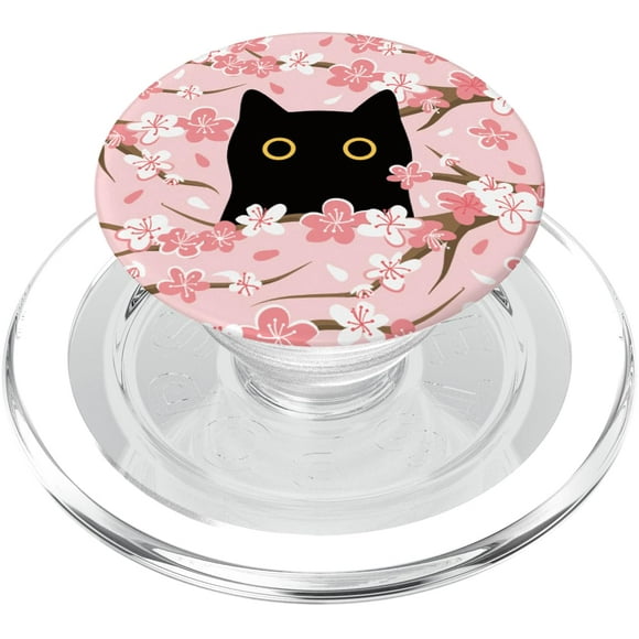 PopSockets PopGrip lindo gato negro con flor de cerezo japonés rosa