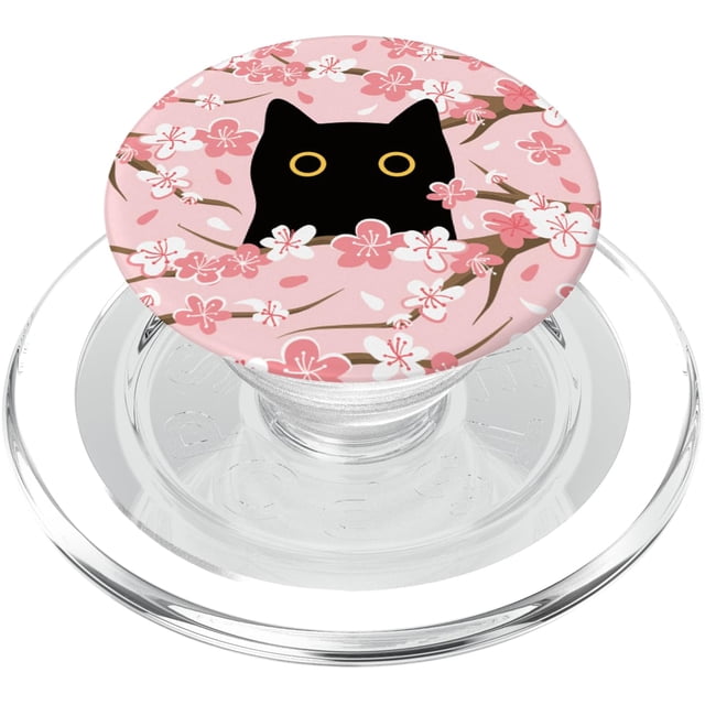 PopSockets PopGrip lindo gato negro con flor de cerezo japonés rosa