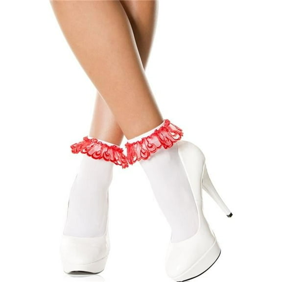 527-WHITE-RED Lace Ruffle Opaque Anklet - White & Red