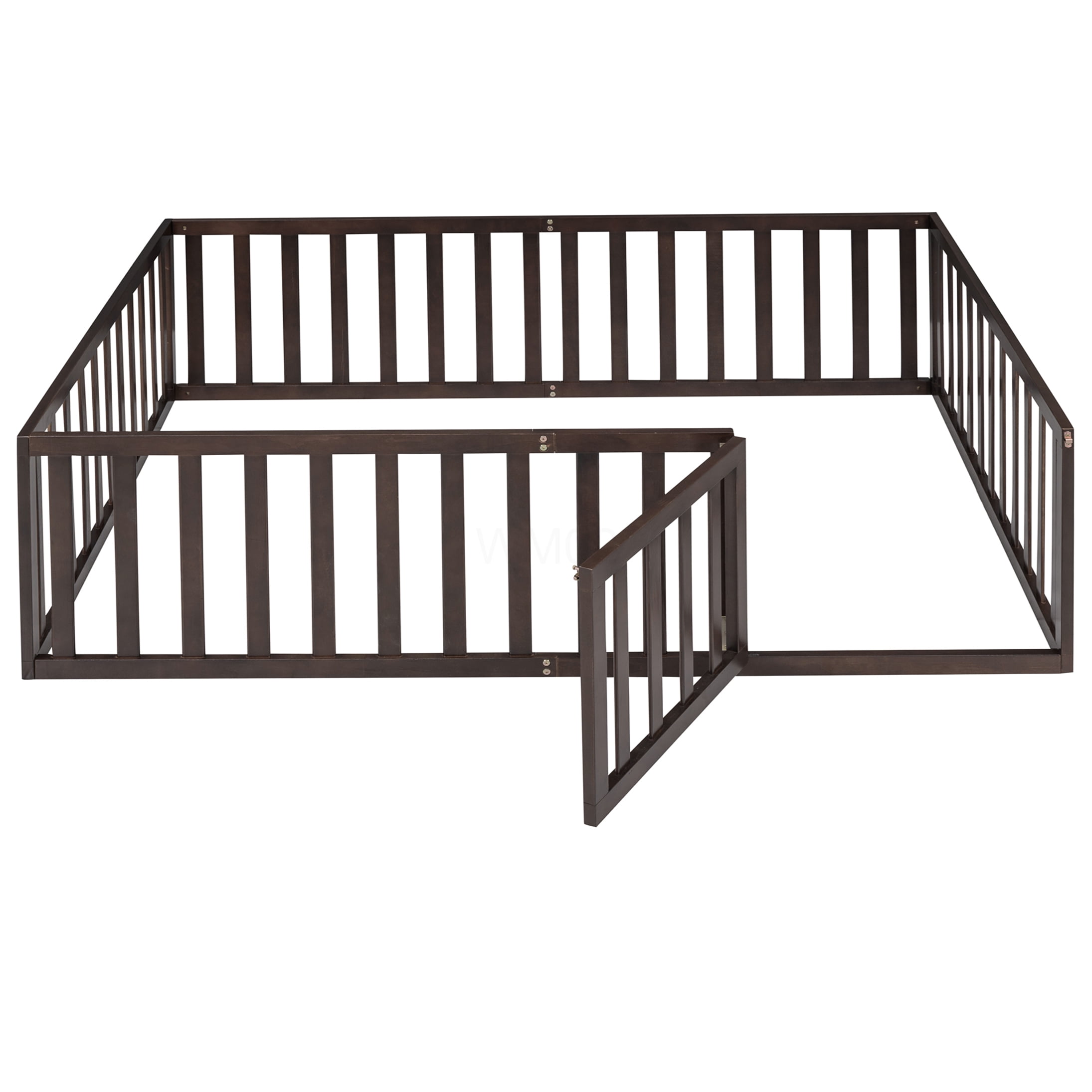 Full Size Floor Bed Frame with Safety Gate, Low Profile Platform Bed with Fence, Solid Pine Wood, Walnut Finish