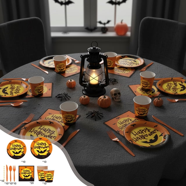 Uklsqma Halloween Party Paper Tableware Set | 60-Piece Disposable Plates Cups Tissue Utensils | Eco-Friendly Biodegradable Paper Pulp | Leak-Proof Lightweight Dinnerware for Outdoor Parties Picnics