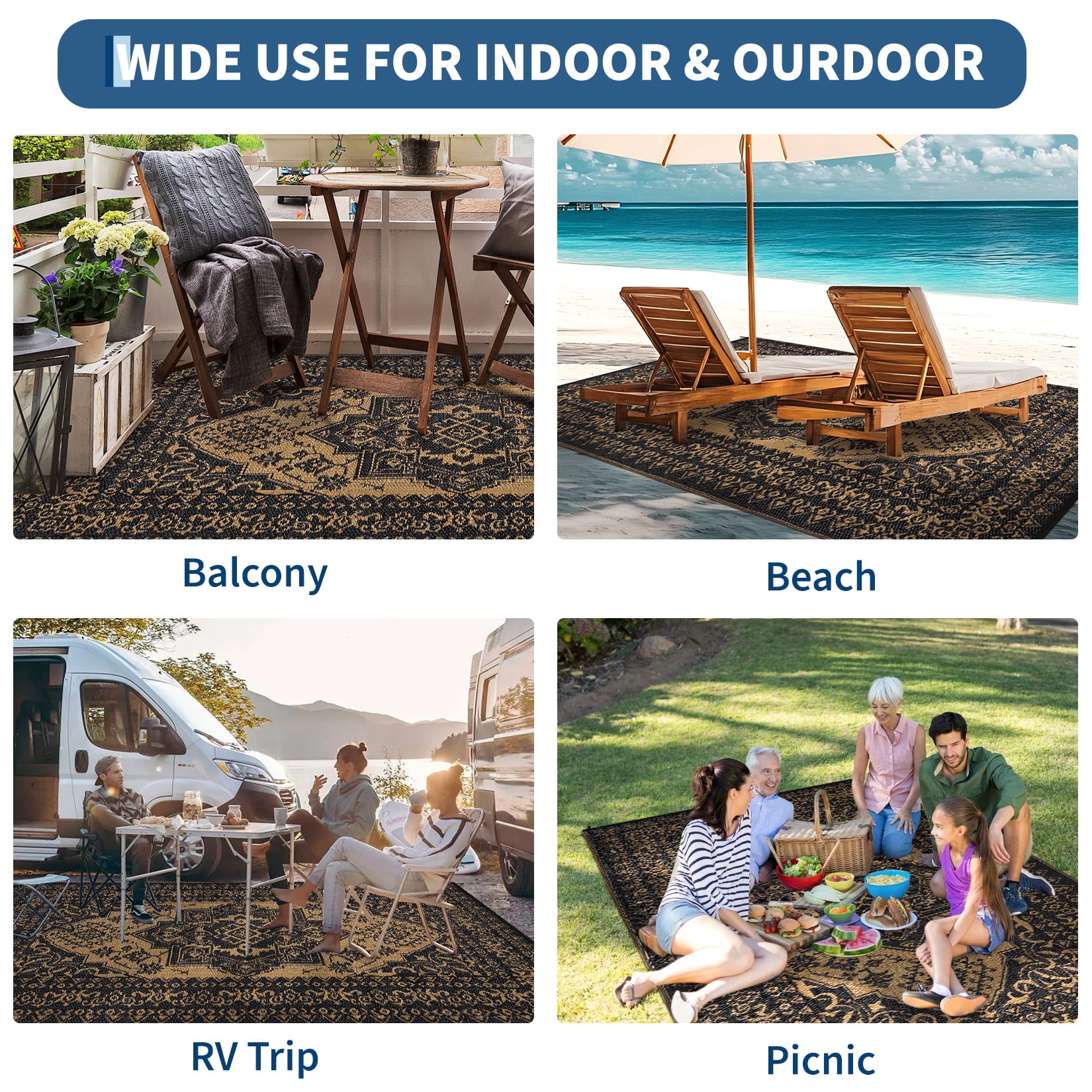Nanan 9×18 Outdoor Persian Plastic Rug, Weather Resistant Reversible Patio Rug, Non-Slip Waterproof Outdoor Carpet for Patio, Deck, Balcony, Poolside, Camping, Black
