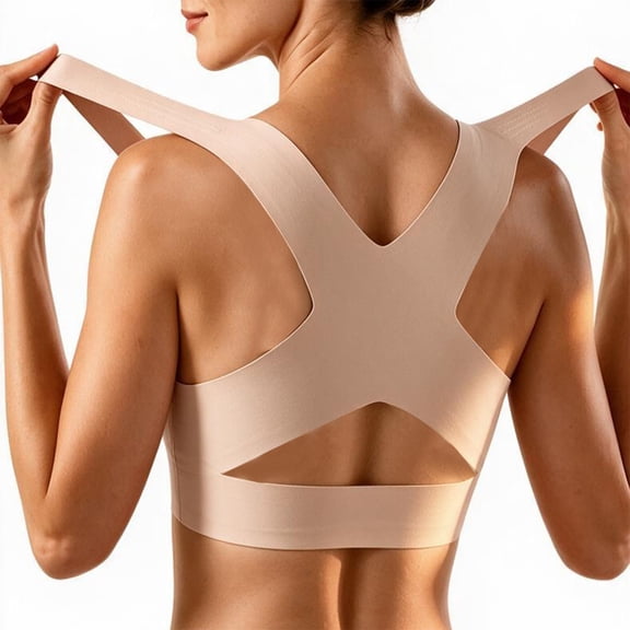 VISALY Posture Corrector Lift Bust Shaping Bra Wireless Seamless Front Closure Sports Cross-Back Bra for Women Breathable No Underwire Support Full Coverage Push Up Bralettes T-Shirt Bra Beige L