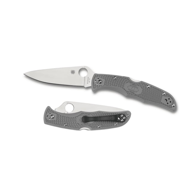 spyderco knives endura 4 lockback gray vg-10 stainless c10fpgy pocket knife cuchillo spyderco knives endura 4 lockback Hoja PlainEdge 3.75" (9.5 cm) VG-10 con orificio para pulgar, mango gris de nylon reforzado con fibra, cerrado 5" (12.7 cm); vista frontal y plegada que muestra clip de bolsillo. Adecuado para uso en camping y como navaja de bolsillo multiuso.