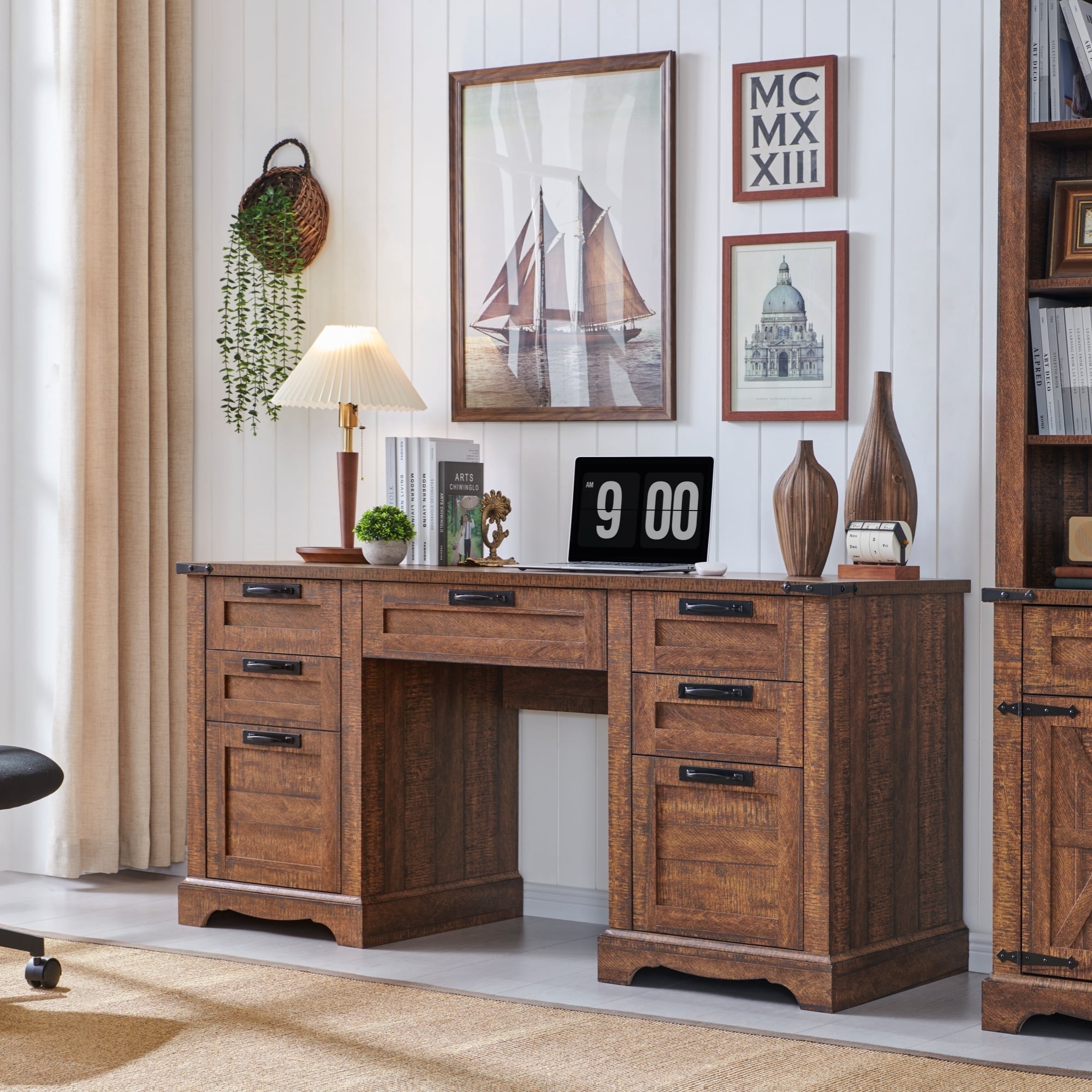OKD Farmhouse Executive Desk, Rustic Office Desk with Charging Station and Keyboard Tray,Home Workstations with File Drawer, Storage Cabinet,Wood Computer Writing Desk, Reclaimed Barnwood