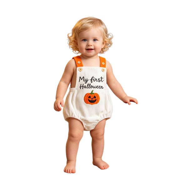 Gunia Halloween Baby Boys Girls Outfit Pumpkin Letters Embroidered Bodysuit With Adjustable Straps For Cute Unisex Bodysuit Outfits White 6-12 Months