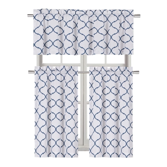 Regal Home Collections Shabby Trellis Kitchen Curtain Tier & Valance Set - (Navy)