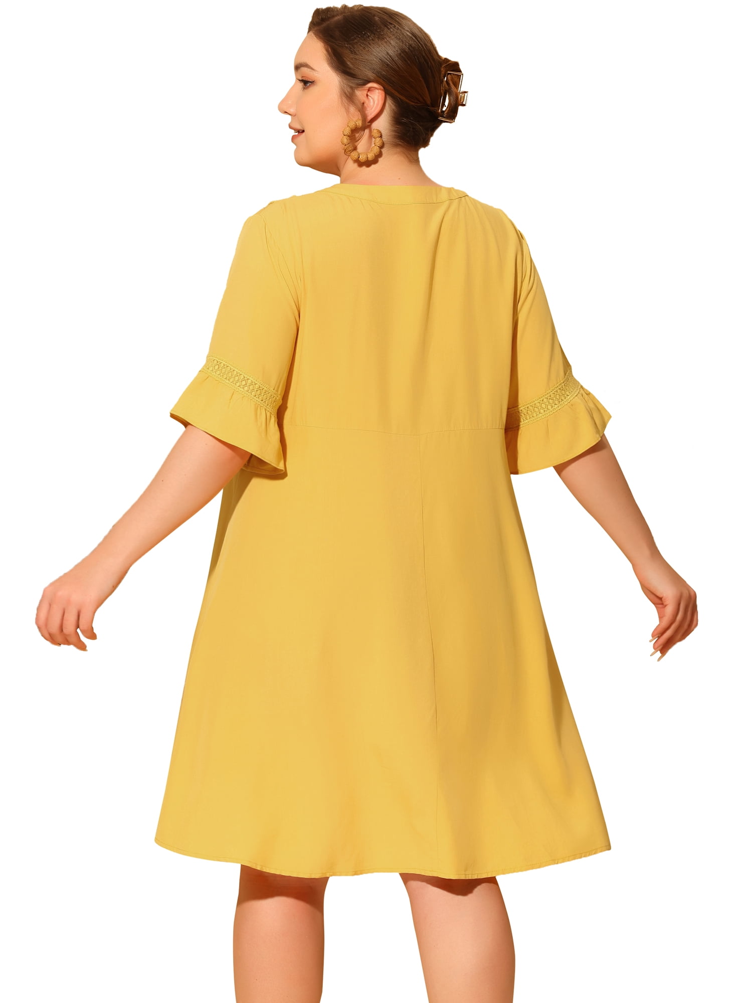 DARING DIVA Plus Size Ruffle Short Sleeve Lace V Neck Midi Dress 1X Yellow