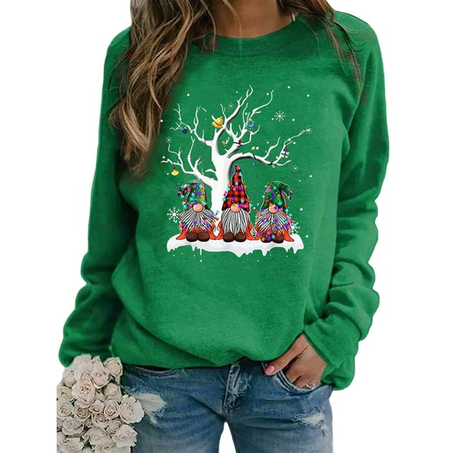 Innerwin Sweatshirts de Noël Imprimé Gnome pour Femmes, Pull-Over, Col Rond, Confortable, Vert TG
