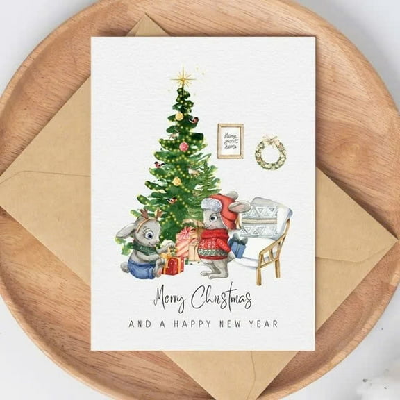 Christmas Greeting Card with Adorable Animals – "Merry Christmas and a Happy New Year" – Illustrated Design with Envelope – Perfect Holiday Card for Family and Friends