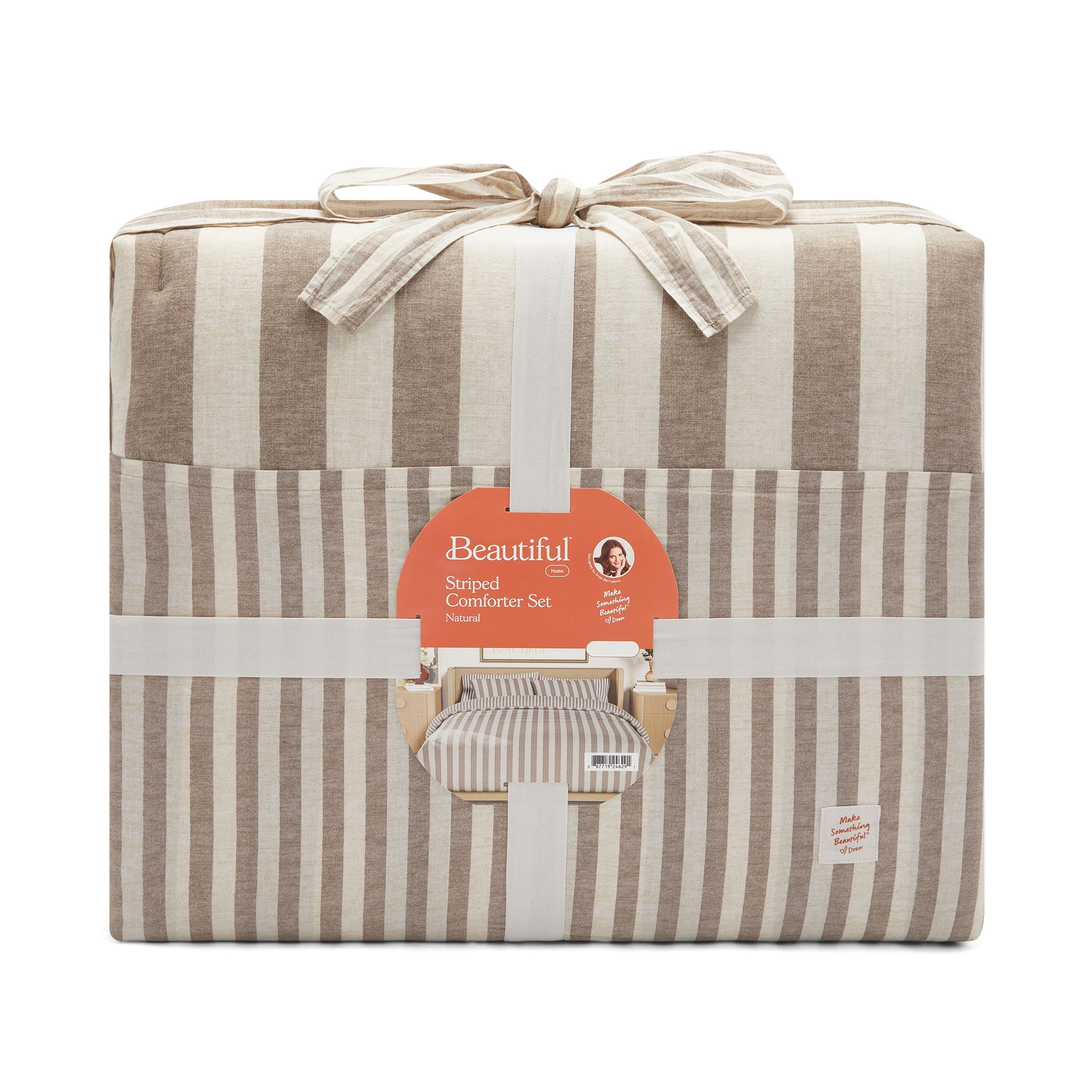 Beautiful 100% Cotton Striped 3-Piece Natural Comforter Set, Full/Queen by Drew Barrymore