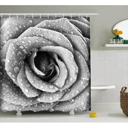Flower Shower Curtain Retro Romantic Rose Petal Figure With Rain Water Drops Valentines Love Picture Fabric Bathroom Set Hooks Black And