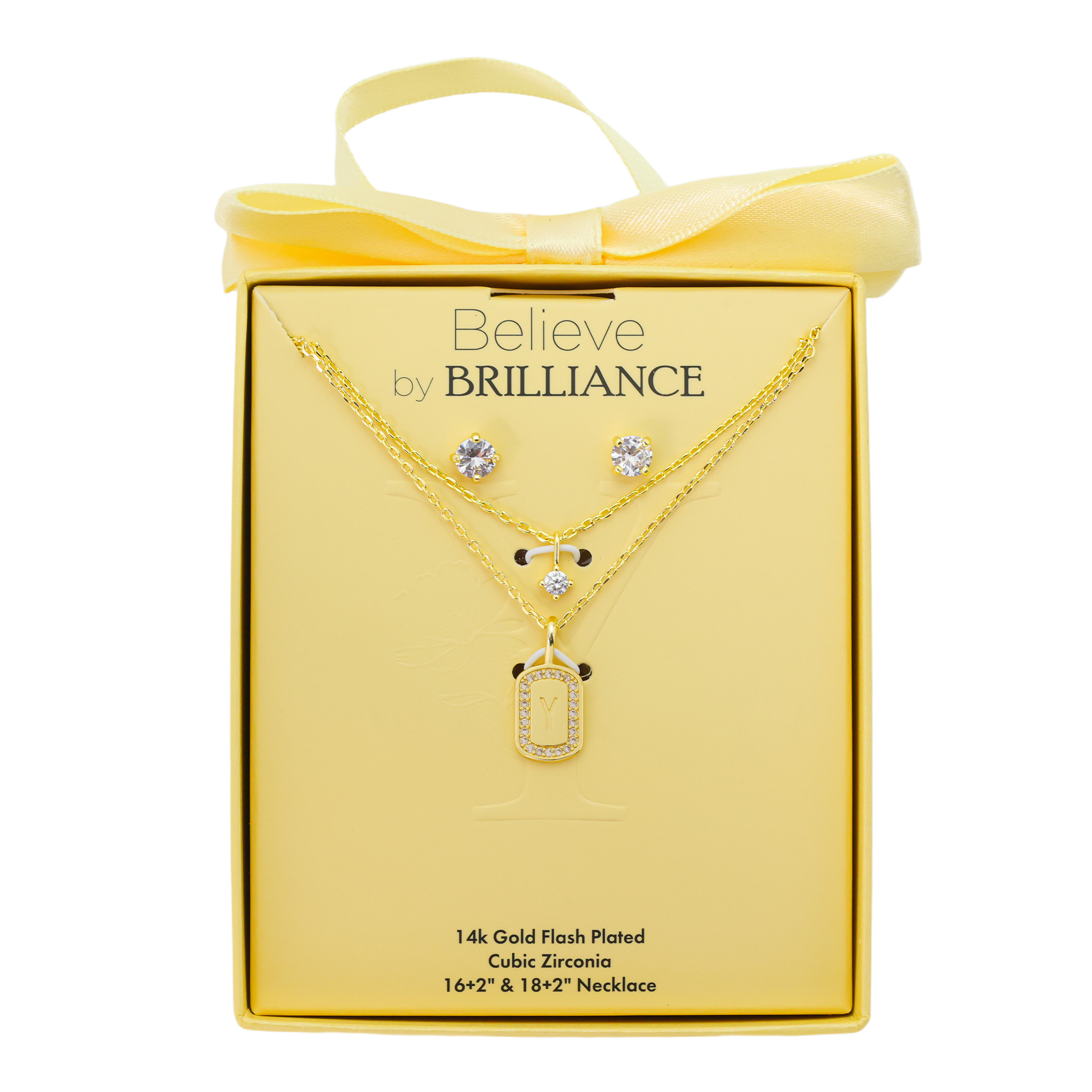 Believe by Brilliance Women's 14Kt Gold Flash Plated Cubic Zirconia Double Layer Tag "Y" Necklace and Earring Set
