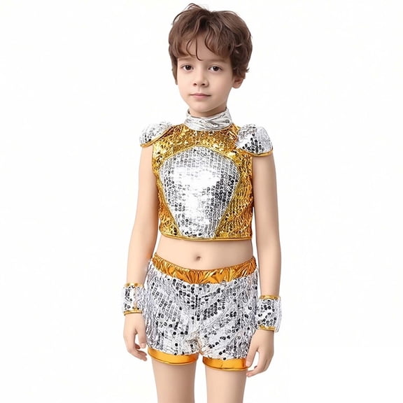 Boys Dance Sequin Dance Sleeveless Top and Pants Set Dance Outfits Street Dance Outerwear 13-14 Years
