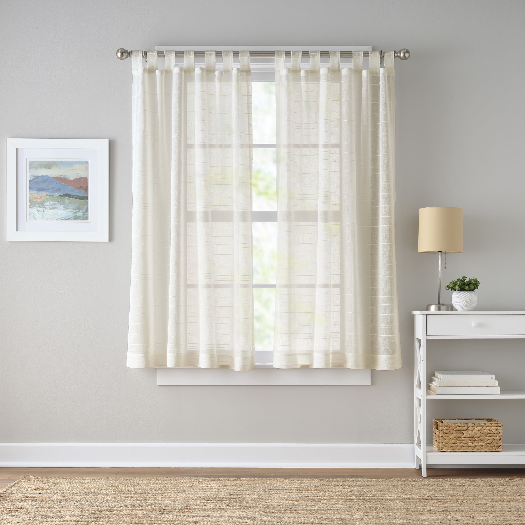 Mainstays Woven Stripe Sheer Tab Top Curtain, Single Panel, Beige, 50" W x 63" L