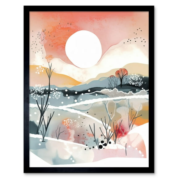 Sunset in Winter Landscape Boho Modern Folk Art Art Print Framed Poster Wall Decor 12x16 inch