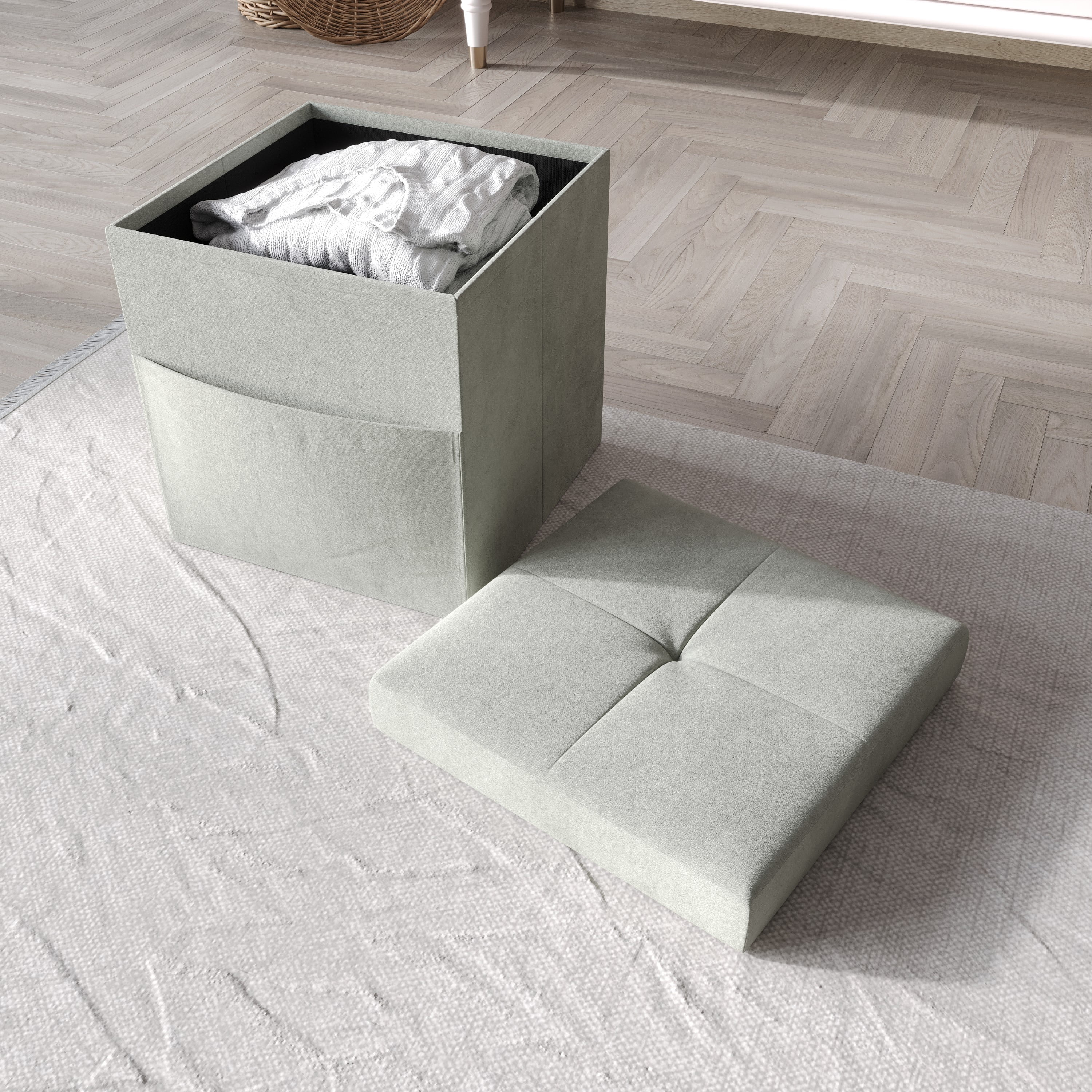 Home Design Chico 12" Tufted Upholstered Folding Storage Bench with Deep Cushion and Front Pocket, Multi-Purpose Rectangular Design for Bedroom, Entryway, or Living Room, Light Gray