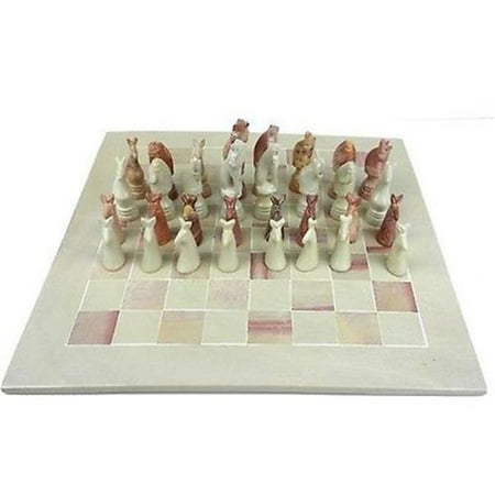 Hand Carved Chess Pieces - Smolart Hand Carved Soapstone Animal Chess Set Board, 15 in.