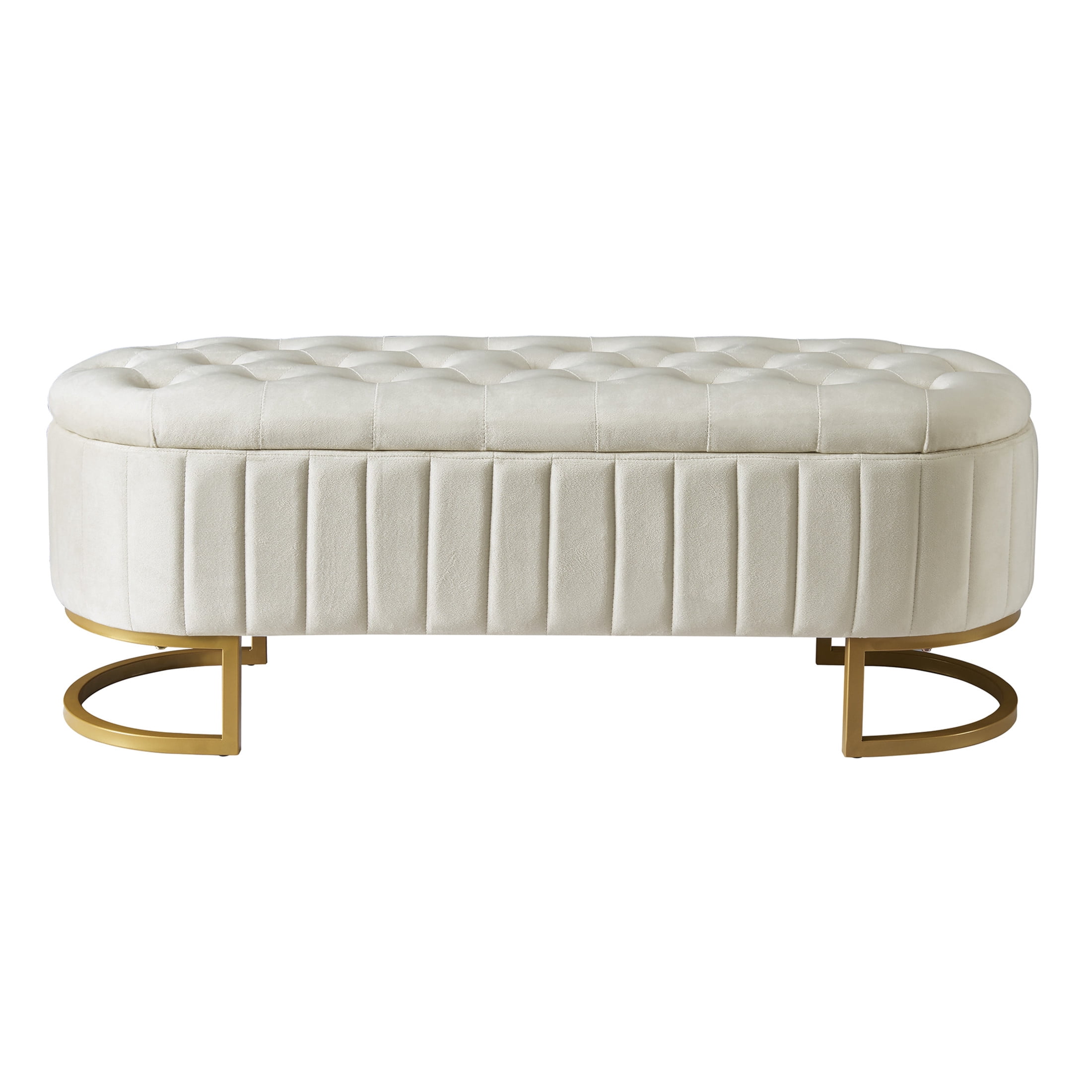 Noble House Elegant Upholstered Velvet Storage Ottoman with Button-Tufted Design, Storage Bench with Metal Legs,Beige