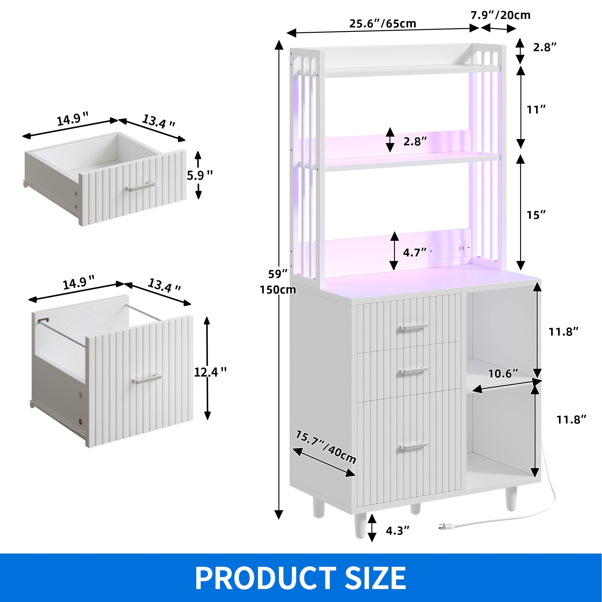 Uforic File Cabinet with 3 Drawer & Open Storage Shelves, Wood File Cabinet with LED Light & Charging Station, Tall Office cabinet with 3 Shelves, Printer Stand for Home Office, White