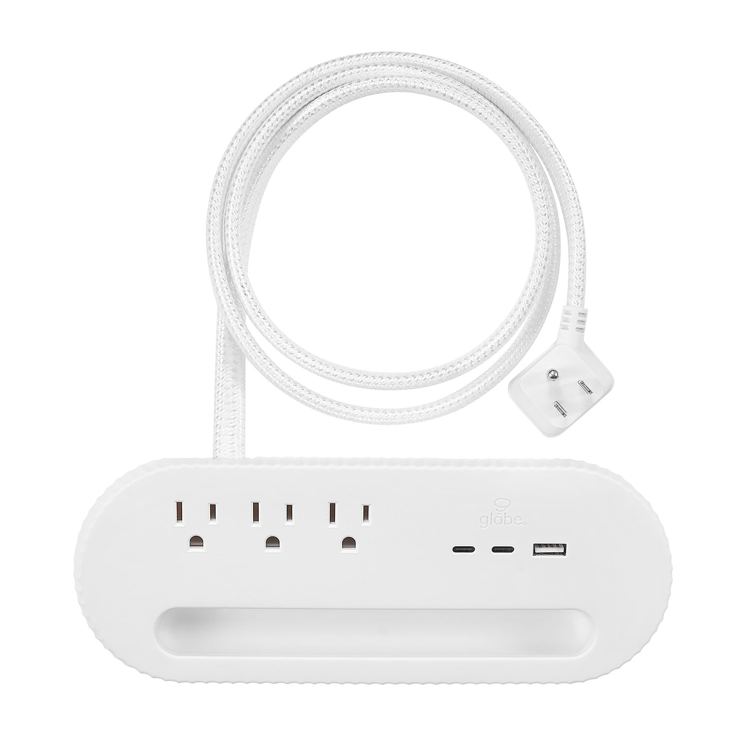 Chargeur porte-téléphone de bureau blanc à 3 prises avec 1 port USB-A et 2 ports USB-C de Globe Electric