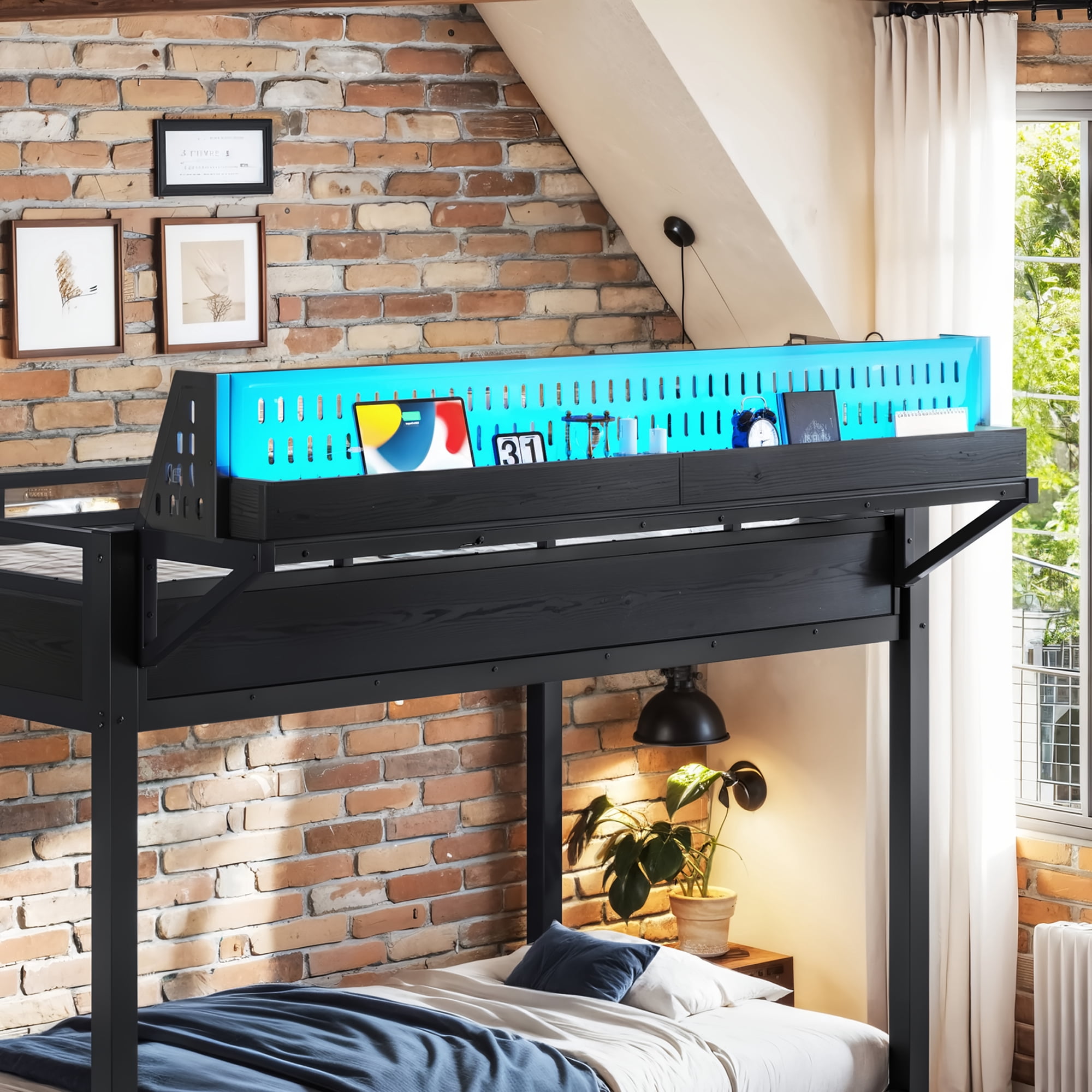 Mintazer Twin XL Over Twin XL Bunk Bed with Storage Shelves and Pegboard, Metal Bunk Bed Frame with LED Lights & Charging Station for Bedroom Guest Room, Black