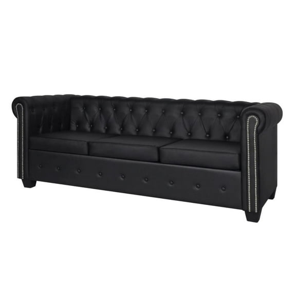 Chesterfield Sofa, 3-Seater Black Faux Leather, Tufted & Studded Living Room Couch