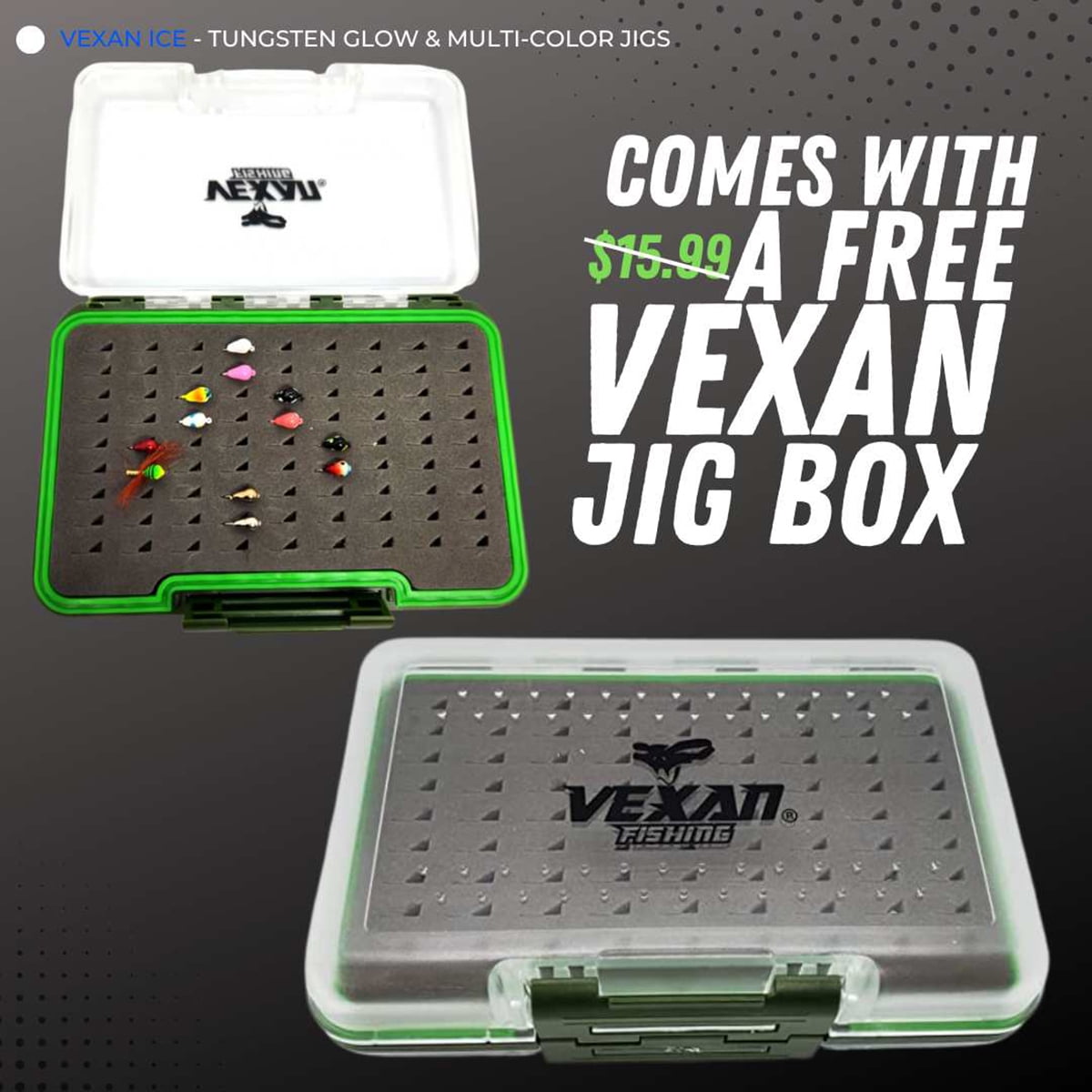 Vexan 12-Pack Tungsten Ice Fishing Jigs Glow & Multi-Color Free JIG Box (1.1g, 4 mm, #14 Hook)