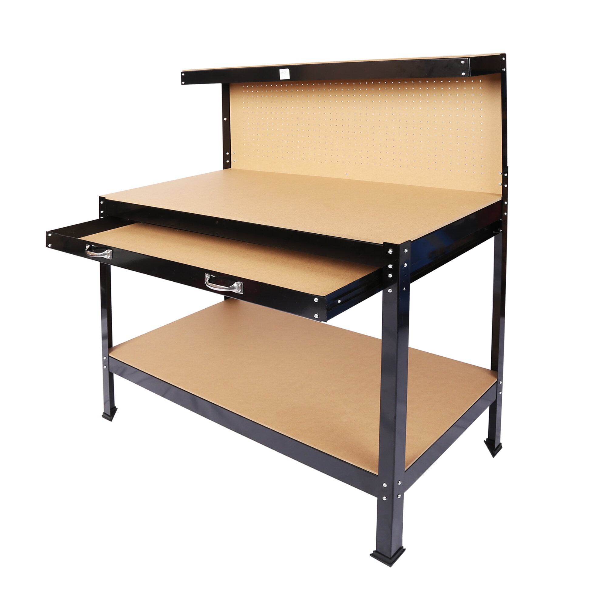 63" Black Steel Workbench - Heavy Duty Tool Table with Drawer & Pegboard