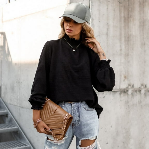 DondPO Shirts for Women Turtleneck Shirt Women Women's Solid Ruffle Hem Mock Neck Puff Sleeve Blouse Top Womens Long Sleeve Tops Womens Tops Black L