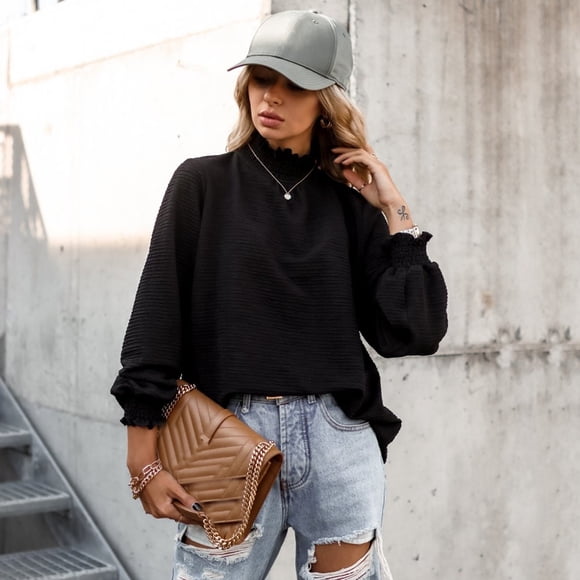 DondPO Shirts for Women Turtleneck Shirt Women Women's Solid Ruffle Hem Mock Neck Puff Sleeve Blouse Top Womens Long Sleeve Tops Womens Tops Black M