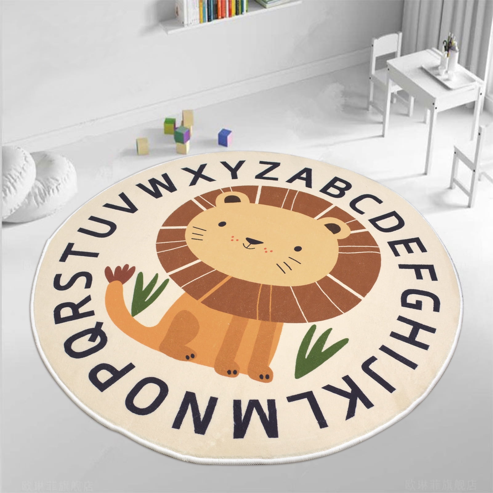 LANPEI Kid Rugs Animal Play Rug 4Ft Large Round Lion Play Mat Soft Alphabet Educational Rug Nonslip Circle Baby Crawling Mat for Boys Girls Floor Carpet for Kids Playroom Nursery Decor, Sitting