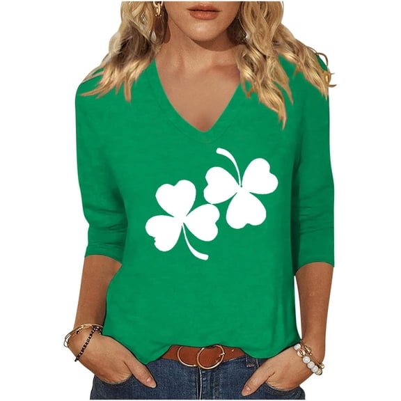 3/4 Sleeve Shirt for Women St Patty's Day 2025 Casual Plus Size Clover&Heart Funny St Shirts Tunic Tops, Green 3XL