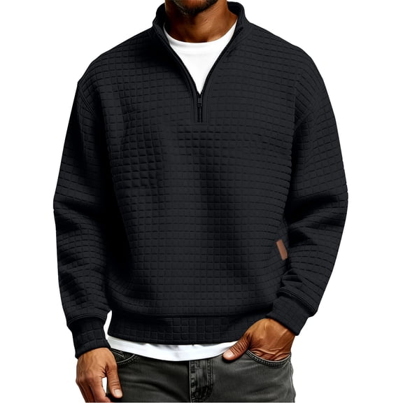 Mens Quarter Zip Pullover Sweaters Mock Neck Slim Fit Lightweight Pullover Waffle Knit Casual Sweater,Black L