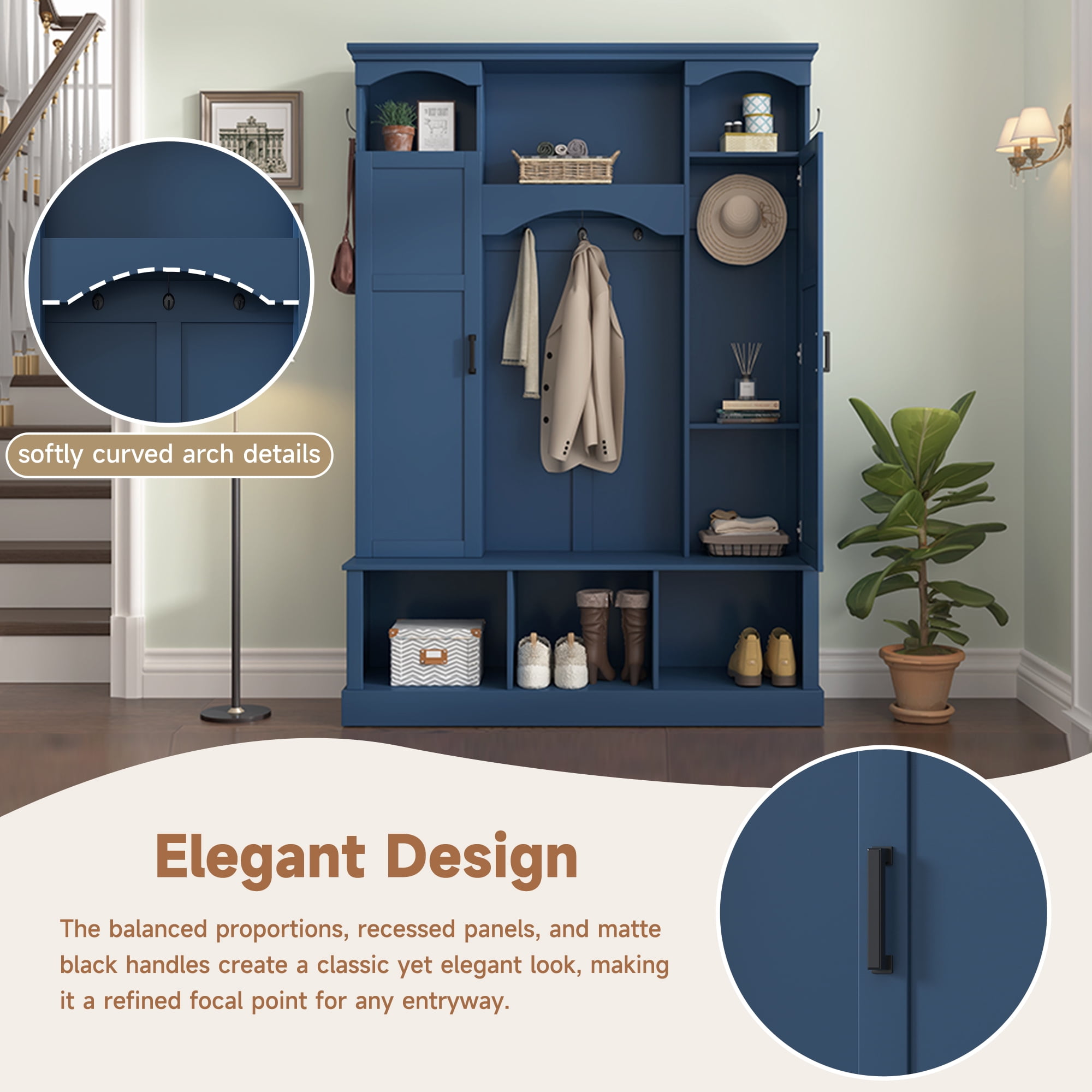 Mintazer All-in-One Farmhouse Entryway Hall Tree with Side Cabinets & Shoe Cubby Bench, Elegant Entryway Organizer with 7 Hooks & Adjustable Shelves for Mudroom Hallway, Blue