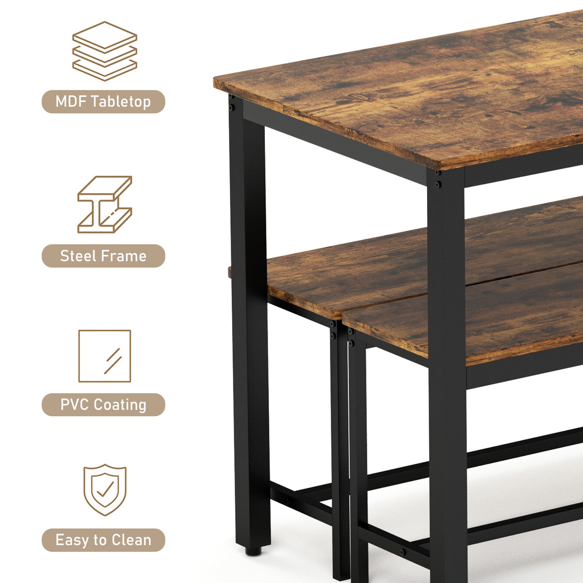 Aukfa Dining Table Set for 4, Kitchen Dining Table Set with 2 Bench ,Brown