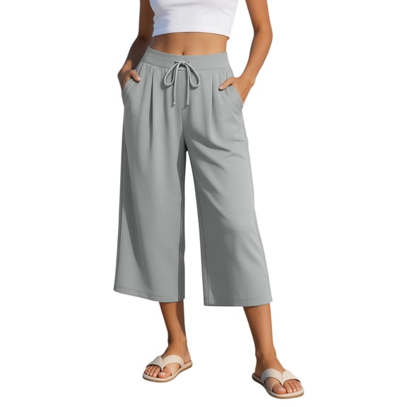 Vrorvz Wide Leg Capri for Womens Drawstring Elastic Waist Pant High Waisted Casual Lounge Summer Capris