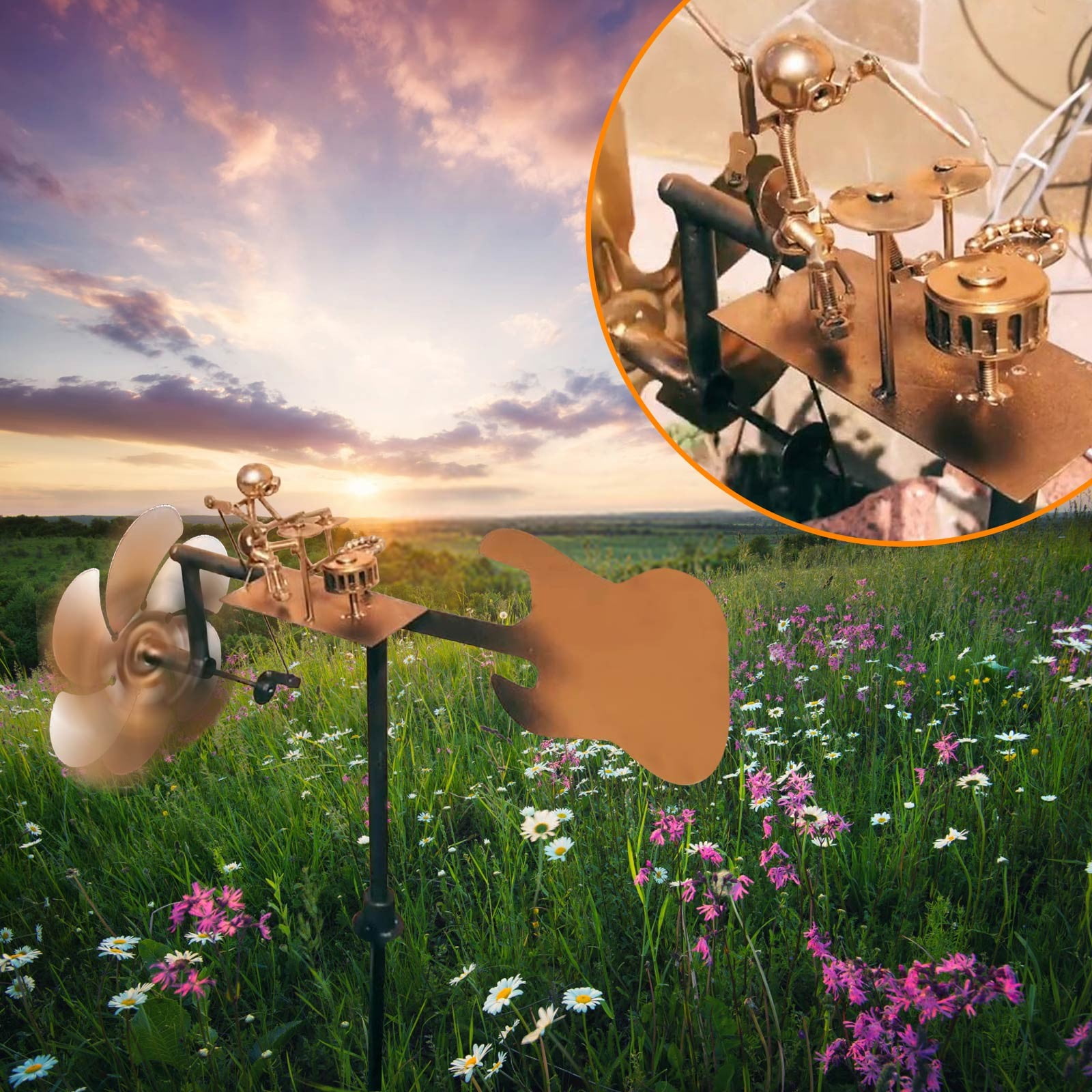 Handcrafted Steampunk Drummer Windmill Outdoor Metal Art Garden Decoration Unique Sculpture for Music Lovers