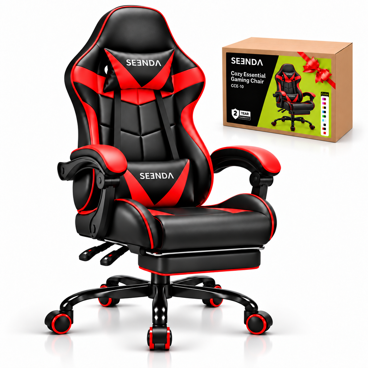 Seenda Gaming Chair with Footrest and Lumbar Support, Red photo 1