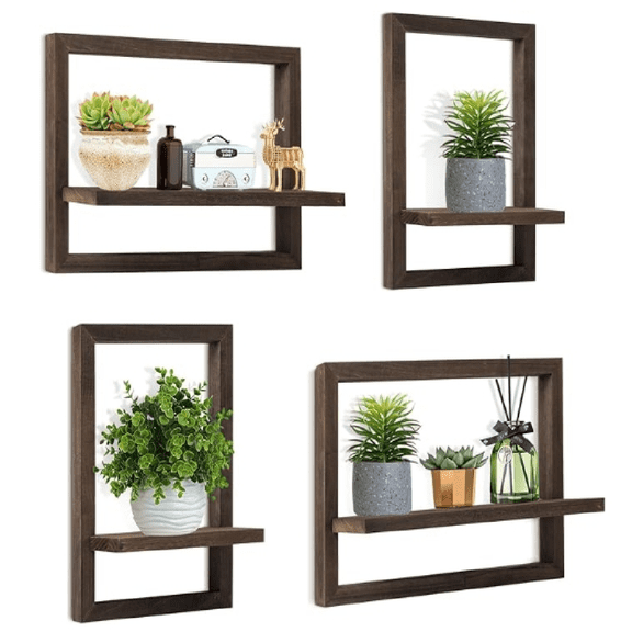 Floating Shelves for Wall Set of 4, Square Wood Floating Shelf for Plant, Decorative Storage Hanging Shelf, Wall Mounted Bathroom, Bedroom, Living Room, Kitchen Decor, 15 Inch Dark Brown