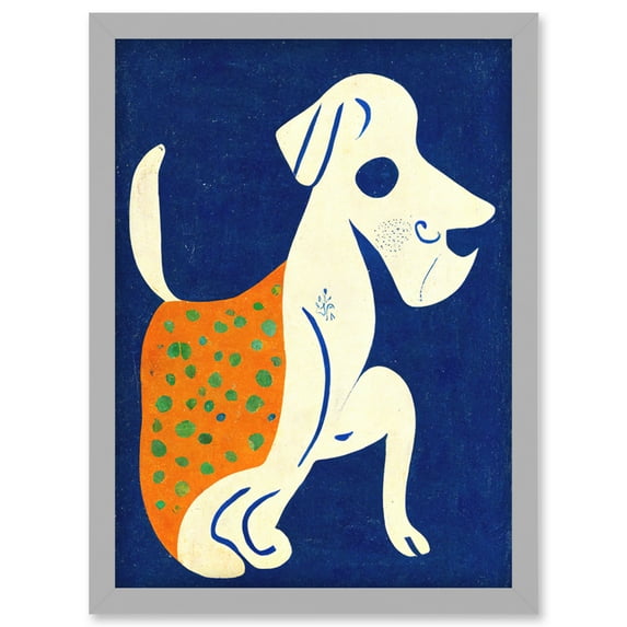 Henri Matisse Inspired White Dog With Polka Dot Orange Coat Artwork Framed Wall Art Print A4