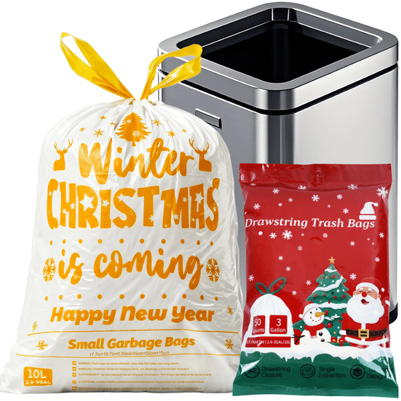 XUXRUS Small Trash Bags 3 Gallon,50 Count Tear-Free Drawstring Garbage Bags with Christmas Printed,Tear-Resistant Waste Basket Liners for Kitchen,Bathroom,Office
