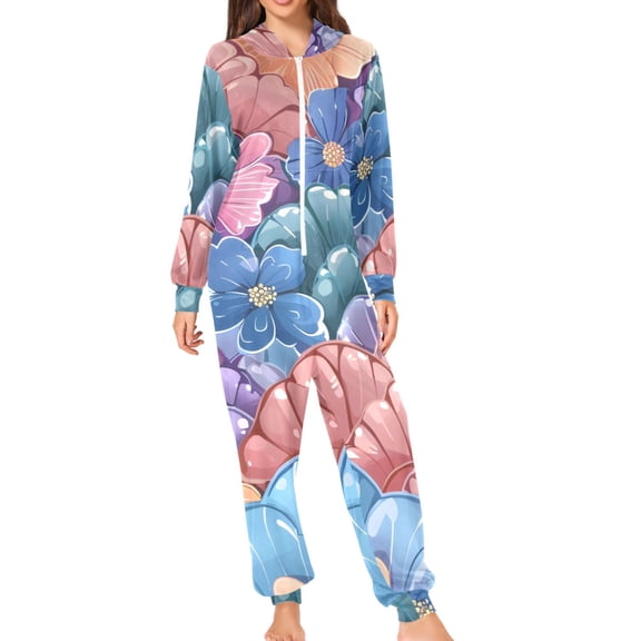 Mermaid Scale Pattern Flowers Adult's Hoodie Onesie Jumpsuit One-Piece Pajamas with Zipper Unisex for Holiday S