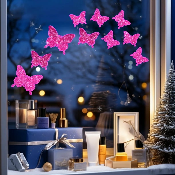 Pegatinas de mariposa rosa que brillan en la oscuridad | Adhesivos de plástico con purpurina para pared, puerta y ventana | Adhesivos decorativos resistentes para dormitorio, sala de estar,