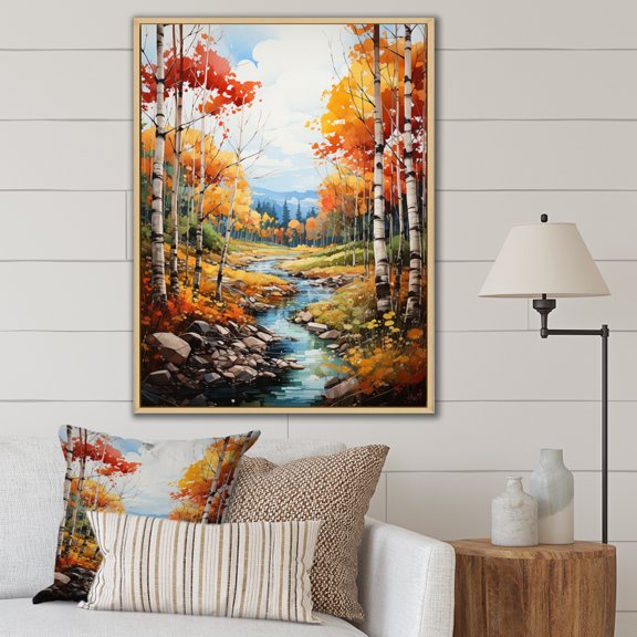 Designart "Birch Woods Autumn euphony I" Floral Floater Framed Wall Art Print