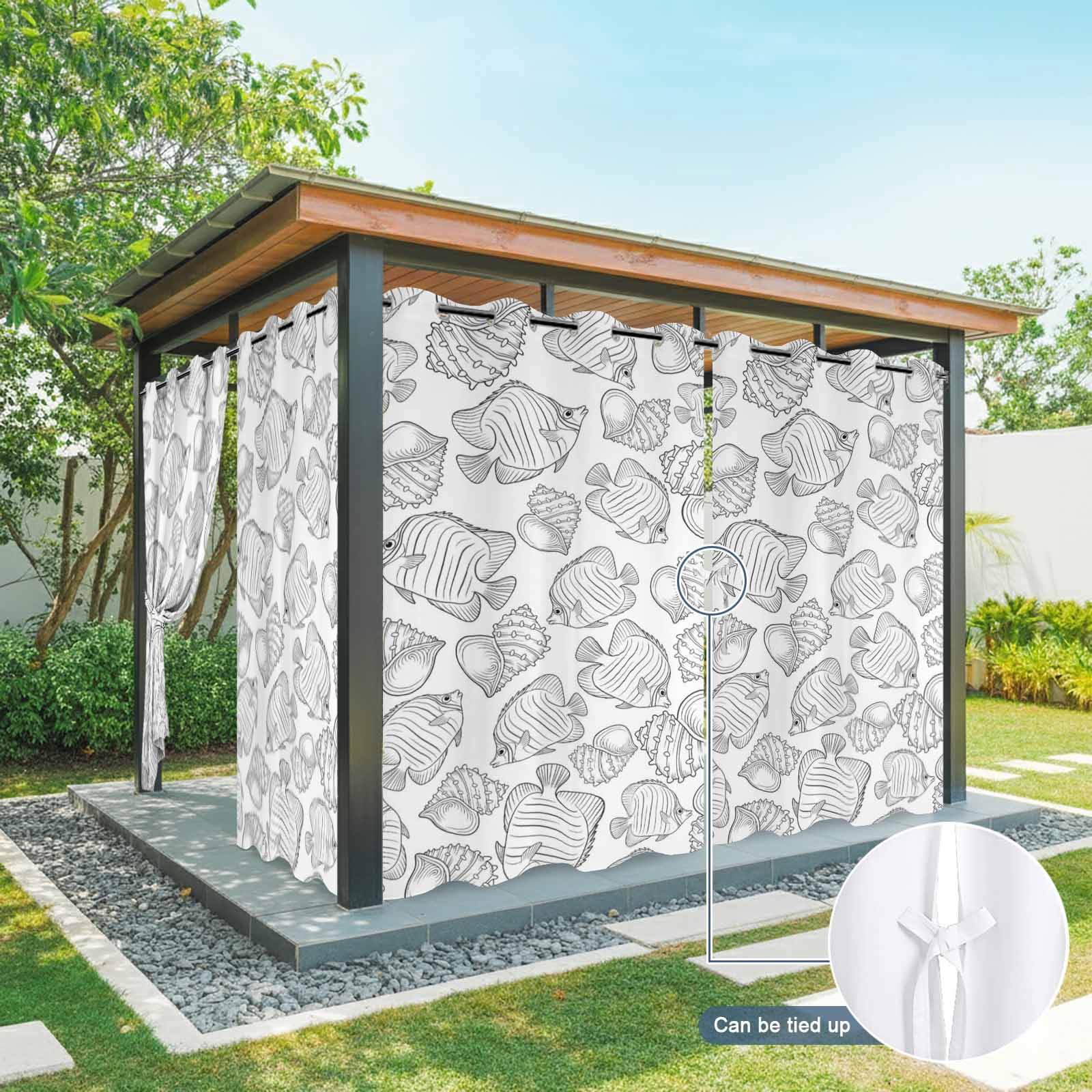 Marine Life Outdoor Curtains for Patio, Oceans Fish Sea Nut Line Sketches Style Black Sunshade Privacy Drapes Grommet Waterproof Outside Curtains for Porch/Cabana/Balcony 54"x 108", 1 Panel