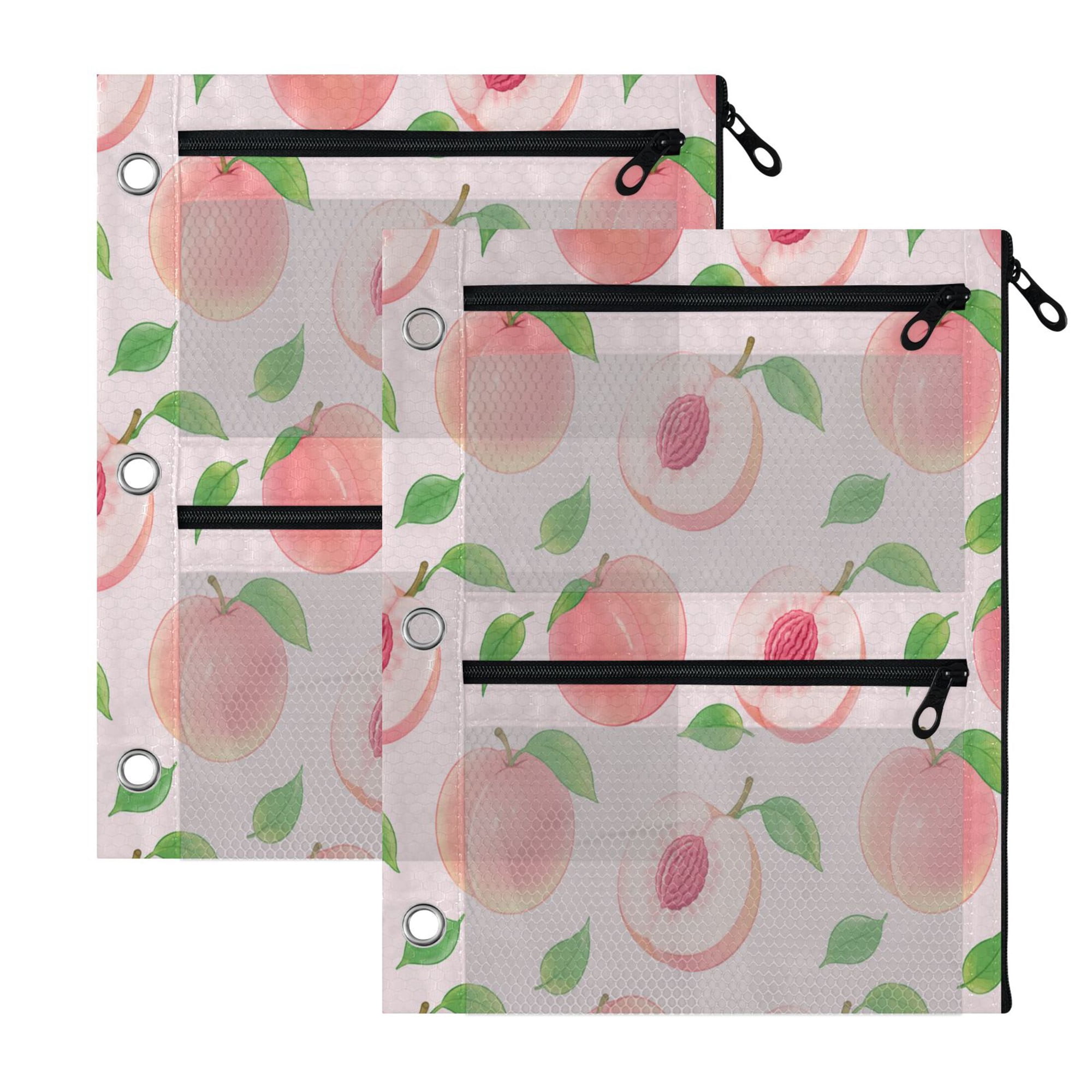 2 Pack 3-Ring Binder Pencil Pouch with Clear PVC Windows Sweet Pink Peach Pattern Large Capacity Stationery Bag for Classroom Office Supplies