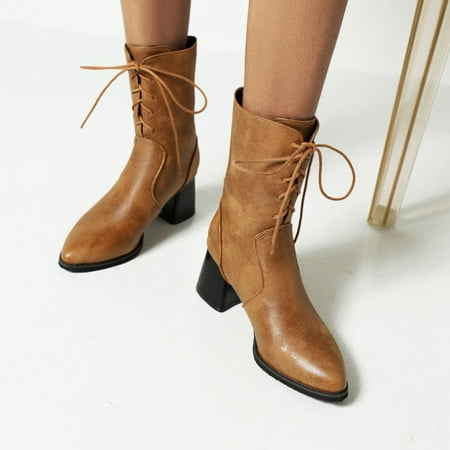 

0 Winter Plain Short Mid Tube Cross Lacing Chunky High Heel Round Toe Boots Platform Boots For Women Flat Boots For Women